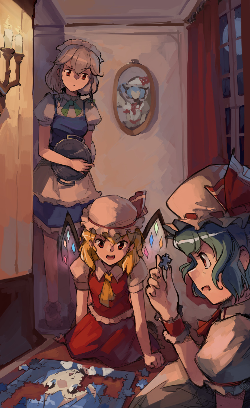 3girls absurdres arm_support ascot blonde_hair blue_hair candle candlelight candlestand cirno commentary crystal drawing_(object) english_commentary fire flandre_scarlet full_moon glowing glowing_wings grey_hair hat hat_ribbon highres holding holding_tray indoors izayoi_sakuya jigsaw_puzzle kornod mob_cap moon multiple_girls night open_mouth orange_ascot portrait_(object) profile puzzle puzzle_piece red_ribbon red_skirt red_vest remilia_scarlet ribbon ribbon-trimmed_headwear ribbon_trim sconce siblings sidelocks sisters sitting skirt skirt_set standing touhou tray vest window wings