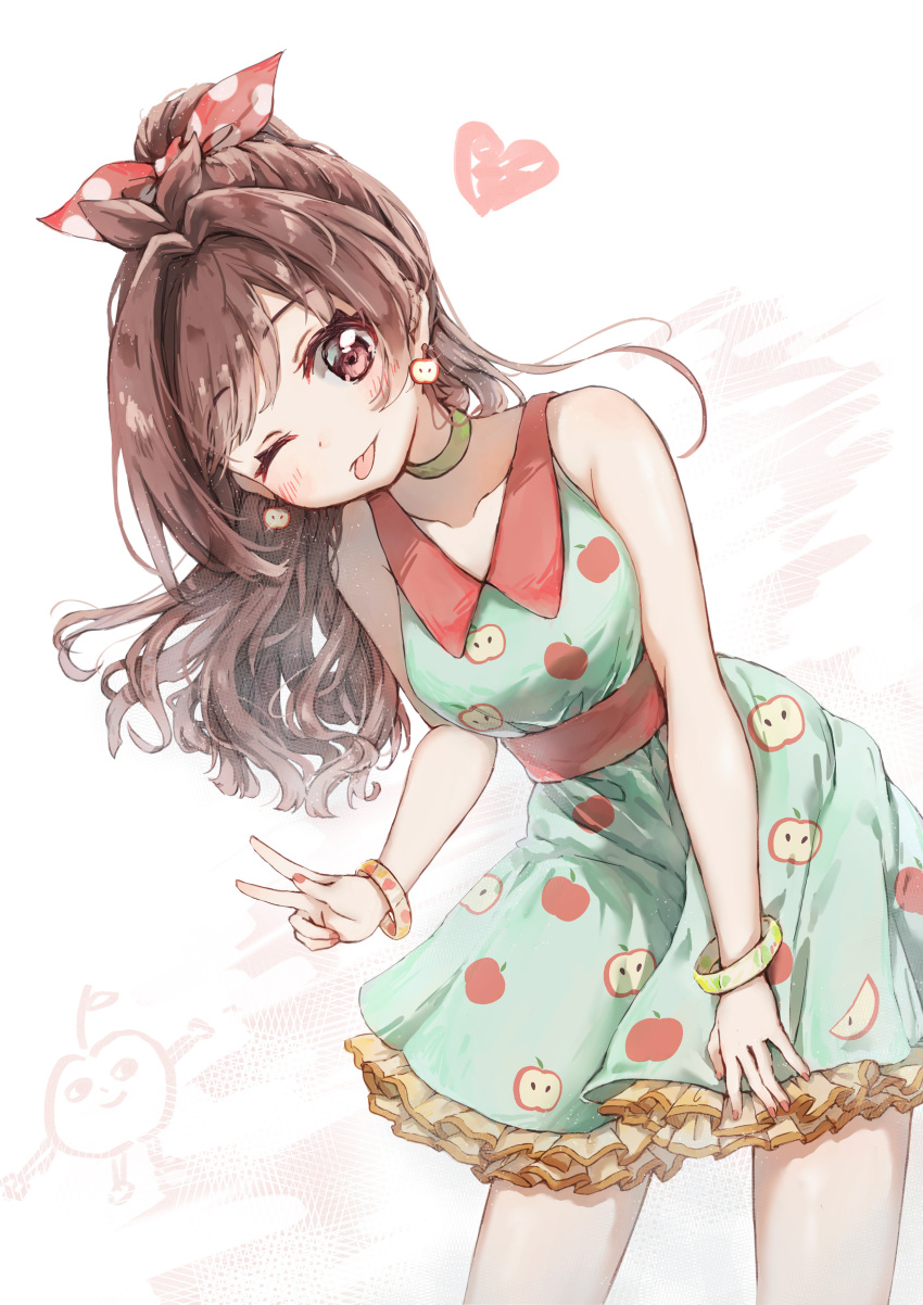 ;p absurdres antenna_hair apple_earrings apple_print blunt_bangs blush bow bracelet brown_hair chilia012 choker collarbone cowboy_shot dress earrings female food-themed_earrings green_dress hair_intakes hairbow head_tilt heart highres idolmaster idolmaster_cinderella_girls jewelry leaning_forward looking_at_viewer nail_polish one_eye_closed petticoat polka_dot polka_dot_bow ponytail ringorou_(idolmaster) simple_background sleeveless sleeveless_dress solo tongue tongue_out tsujino_akari w