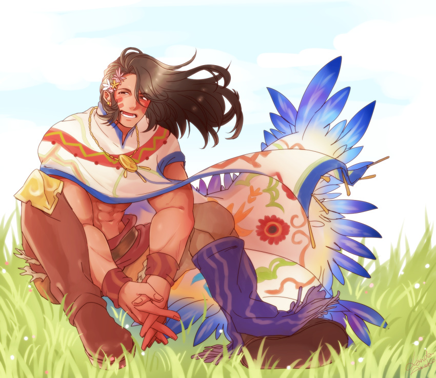 1boy abs artist_name boots bracelet brown_hair cape commentary_request dark-skinned_male dark_skin earrings eso_(granblue_fantasy) facial_mark flower granblue_fantasy grass hair_flower hair_ornament highres jewelry kanda_a long_hair male_focus midriff navel necklace open_mouth outdoors sitting sky solo teeth