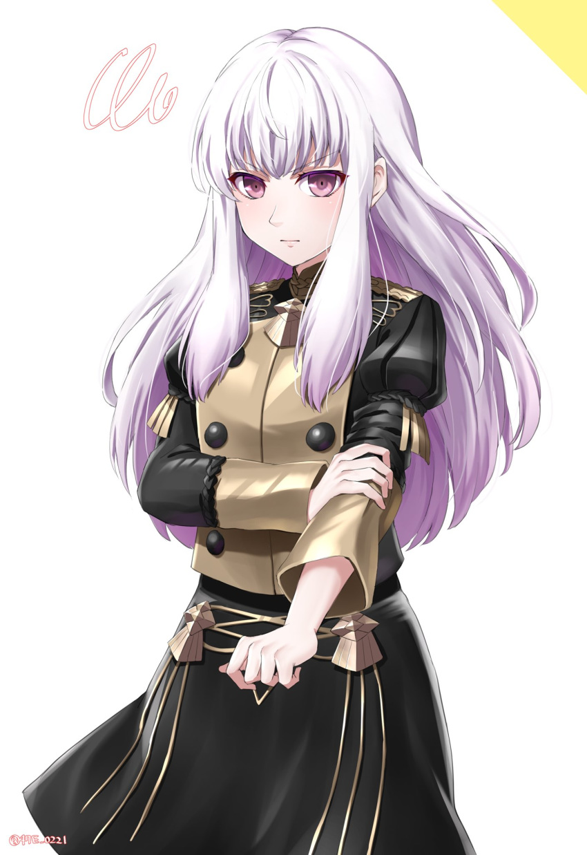 bad_id bad_twitter_id closed_mouth commentary_request female fire_emblem fire_emblem:_three_houses garreg_mach_monastery_uniform highres long_hair long_sleeves lysithea_von_ordelia pink_eyes rolling_sleeves_up shinae simple_background solo twitter_username uniform white_hair