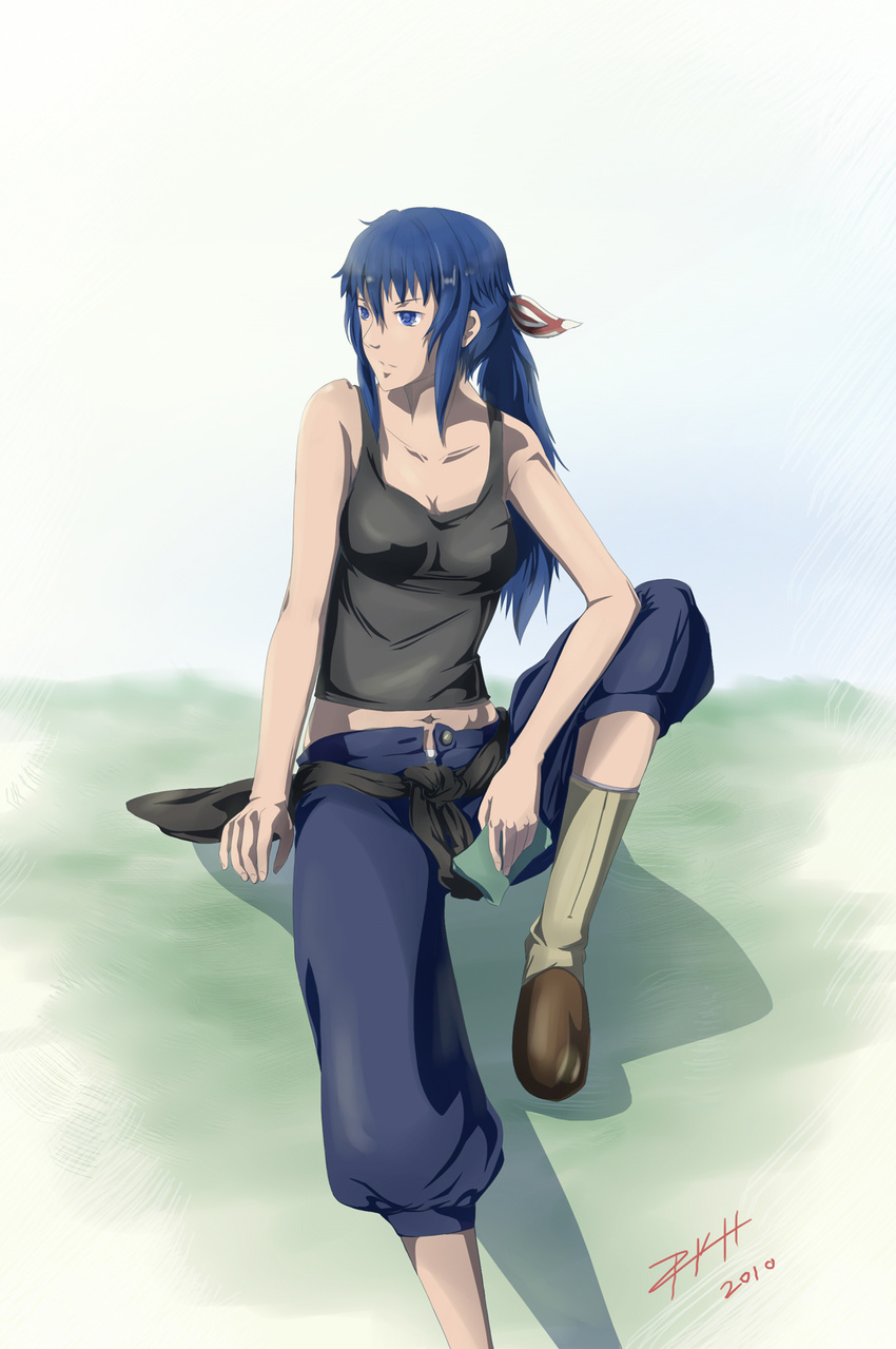 bare_shoulders blue_eyes blue_hair boots capri_pants casual clothes_around_waist commentary_request female flat_chest hair_ribbon highres imca long_hair midriff navel pants photoshop_(medium) ponytail ribbon senjou_no_valkyria_(series) senjou_no_valkyria_3 sidelocks signature solo srkh sweater sweater_around_waist tank_top unbuttoned