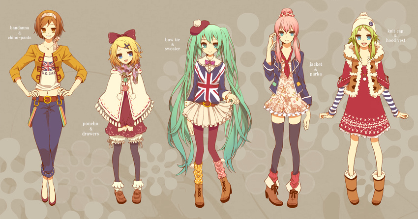 5girls alternate_costume aqua_eyes aqua_hair blonde_hair blue_eyes brown_eyes brown_hair casual commentary_request contemporary crop_top dress fashion flag_print green_hair gumi hair_ornament hair_ribbon hairclip hatsune_miku highres kagamine_rin long_hair megurine_luka meiko_(vocaloid) multiple_girls navel pantyhose pink_hair print_shirt print_sweater ribbon shirt shivue short_hair skirt smile sweater thighhighs twintails union_jack vocaloid zettai_ryouiki