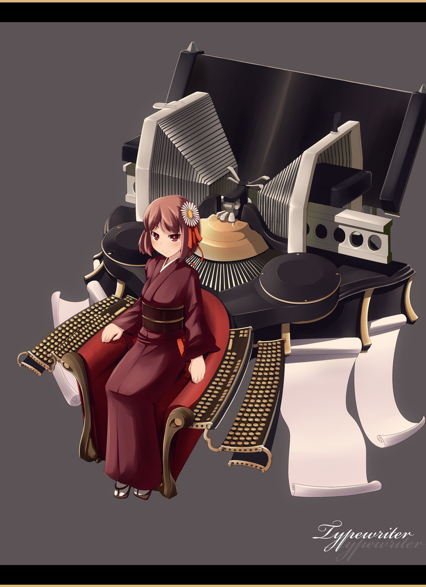 bob_cut brown_hair commentary_request female flower frown hair_flower hair_ornament highres japanese_clothes kimono letterboxed original red_eyes short_hair sitting solo tama_(speedgrapher) typewriter