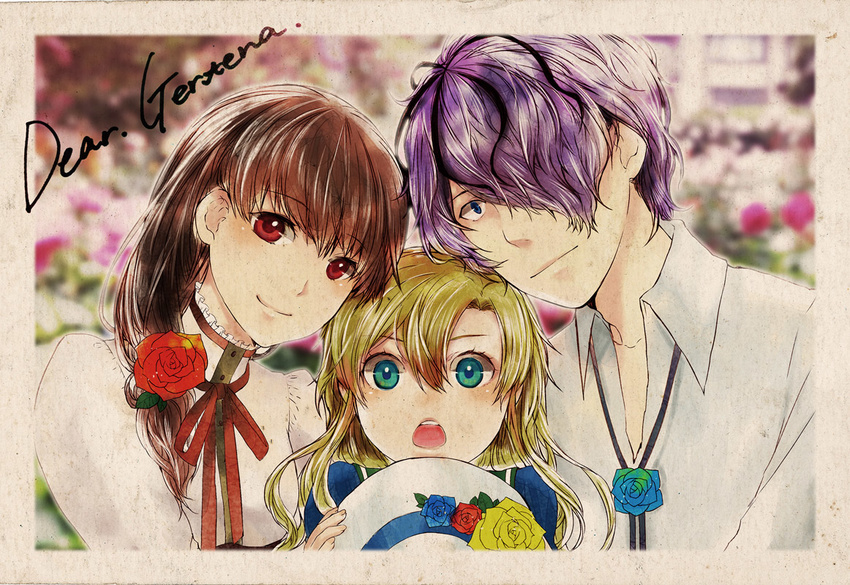 1boy 2girls :o bad_id bad_pixiv_id flower garry_(ib) ib_(ib) ib_(kouri) mary_(ib) multiple_girls postcard rose smile umu_(um)