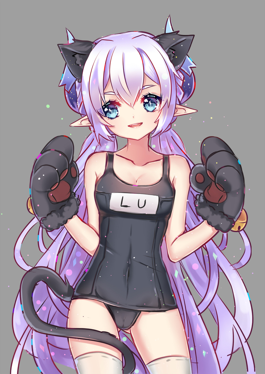 absurdres animal_ears animal_hands black_one-piece_swimsuit blue_eyes cat_ears commentary_request cowboy_shot elsword extra_ears female gloves highres horns long_hair low_twintails luciela_r._sourcream name_tag one-piece_swimsuit paw_gloves pointy_ears purple_hair school_swimsuit smile solo swimsuit tail thighhighs twintails very_long_hair wataru_kuri