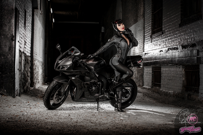 alley batman_(series) boots catwoman catwoman_(cosplay) cosplay dc_comics female high_heels highres honda honda_cbr600rr_(pc40) motor_vehicle motorcycle night photo solo vehicle yaya_han