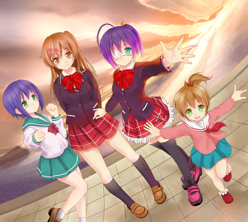 4girls :d ahoge ascot black_hair black_socks blazer blue_eyes blue_hair blush brown_eyes brown_hair chuunibyou_demo_koi_ga_shitai! commentary_request cross eyepatch frilled_skirt frills green_eyes hair_bobbles hair_ornament hairclip icho_private_high_school_uniform jacket kneehighs loafers long_hair looking_at_viewer medical_eyepatch miyabi_(miyabi) multiple_girls nibutani_shinka one_side_up open_mouth outstretched_arm outstretched_arms plaid plaid_skirt school_uniform serafuku shoes side_ponytail skirt smile socks standing sunlight takanashi_rikka thighhighs tiles togashi_kuzuha togashi_yumeha