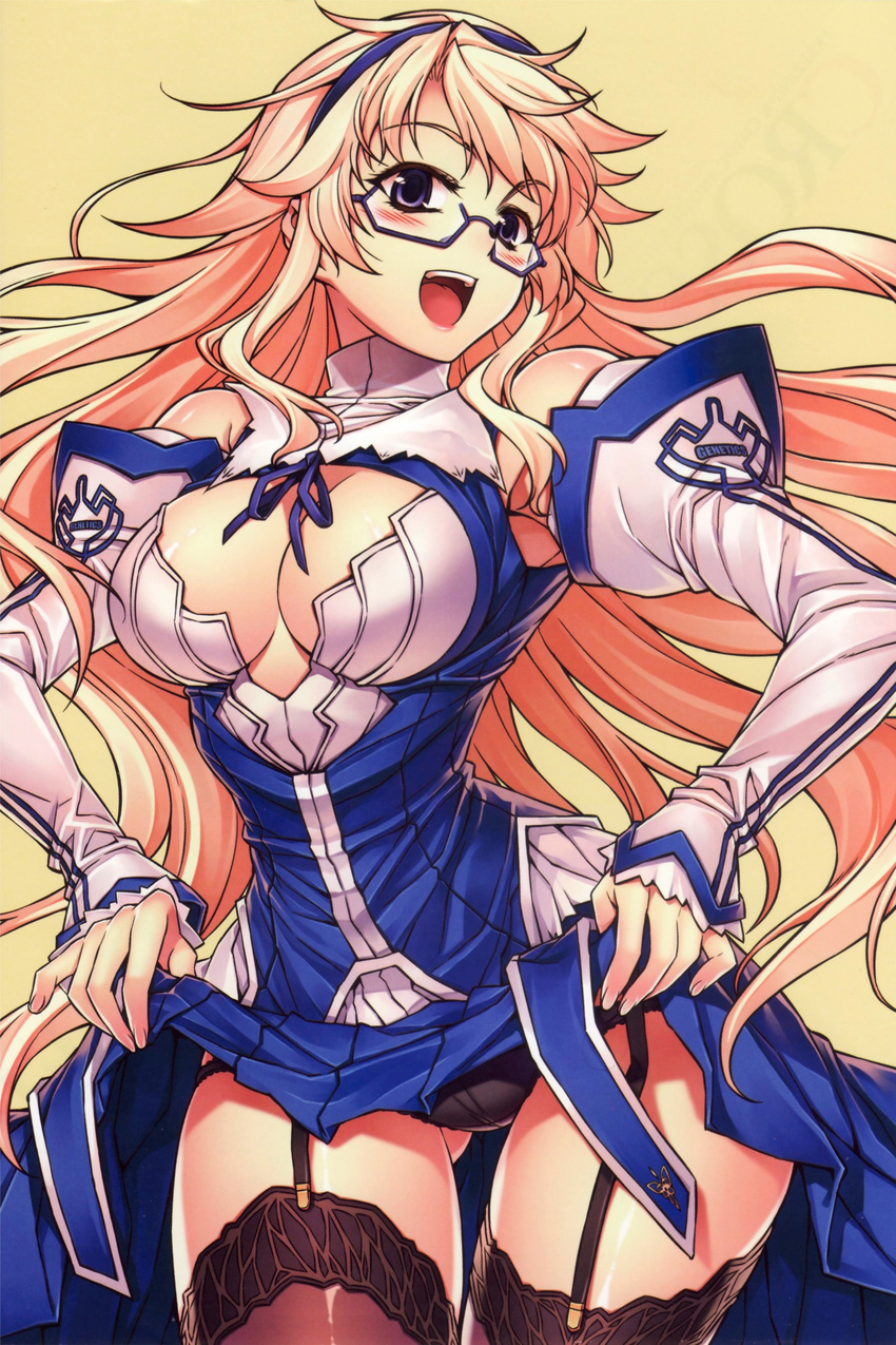 :d absurdres bad_link bare_shoulders black_panties black_thighhighs blonde_hair blue_eyes blush breasts cleavage cleavage_cutout clothes_lift clothing_cutout cover cover_page detached_sleeves dress dress_lift female freezing_(series) garter_straps glasses hairband highres large_breasts long_hair narrow_waist open_mouth panties satellizer_el_bridget smile solo soo-hyon_lee thigh_gap thighhighs underwear