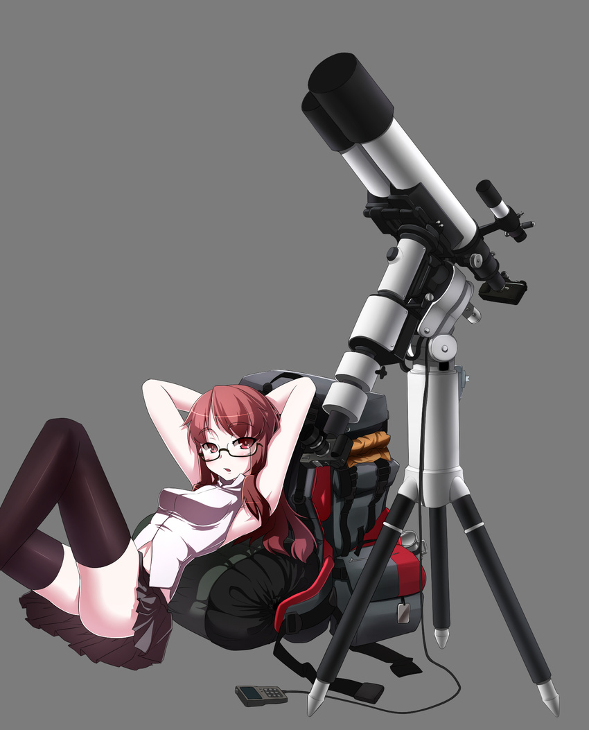 armpits arms_behind_head backpack bag bare_shoulders black_thighhighs breasts commentary_request female glasses highres long_hair medium_breasts original pleated_skirt red_eyes red_hair simple_background skirt solo tama_(speedgrapher) telescope thighhighs