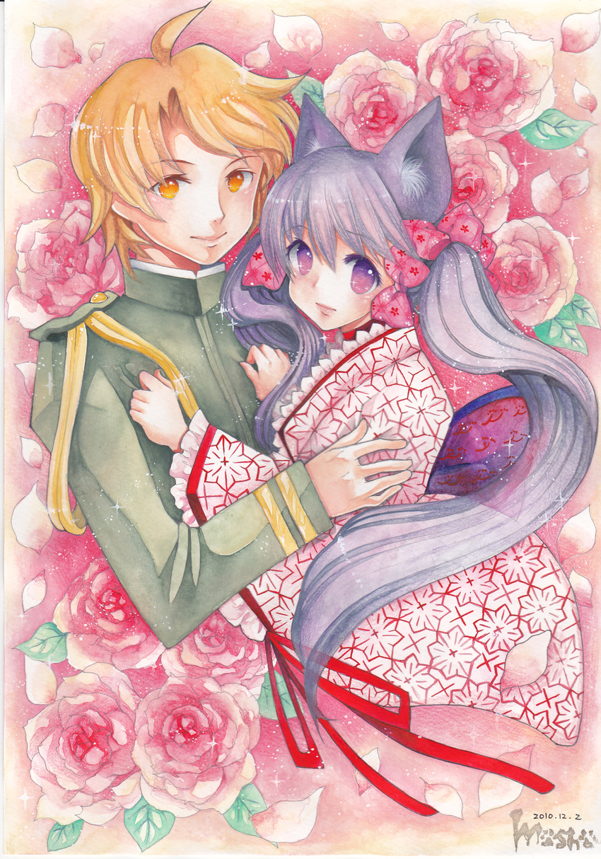 1boy agemaki_kei ahoge animal_ears blonde_hair bow colored_pencil_(medium) commentary_request dated dress female flower frills highres long_hair military military_uniform mosho otome_youkai_zakuro painting_(medium) petals purple_eyes purple_hair ribbon rose short_hair signature sparkle traditional_media twintails uniform watercolor_(medium) yellow_eyes zakuro_(otome_youkai_zakuro)