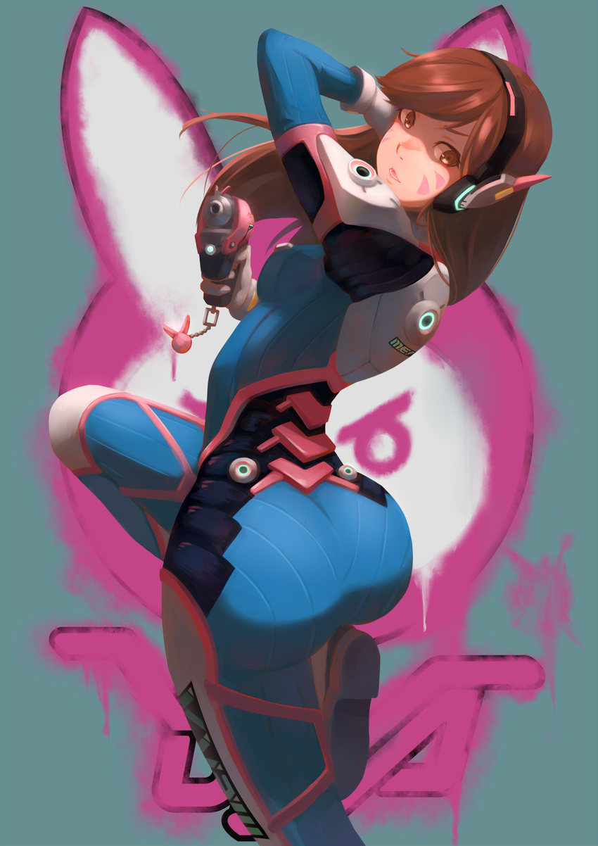 2016 acronym arm_behind_head arm_up armor ass bad_id bad_pixiv_id bodysuit boots bracer breasts brown_eyes brown_hair character_name charm_(object) cowboy_shot d.va_(overwatch) facepaint facial_mark female from_behind gloves gun hand_up handgun headphones highres holding holding_gun holding_weapon jhc_kai leg_up long_hair long_sleeves looking_back overwatch overwatch_1 parted_lips pauldrons pilot_suit pointing pointing_at_viewer ribbed_bodysuit shoulder_armor shoulder_pads skin_tight small_breasts solo standing standing_on_one_leg swept_bangs thigh_boots thigh_strap thighhighs turtleneck weapon whisker_markings white_footwear white_gloves