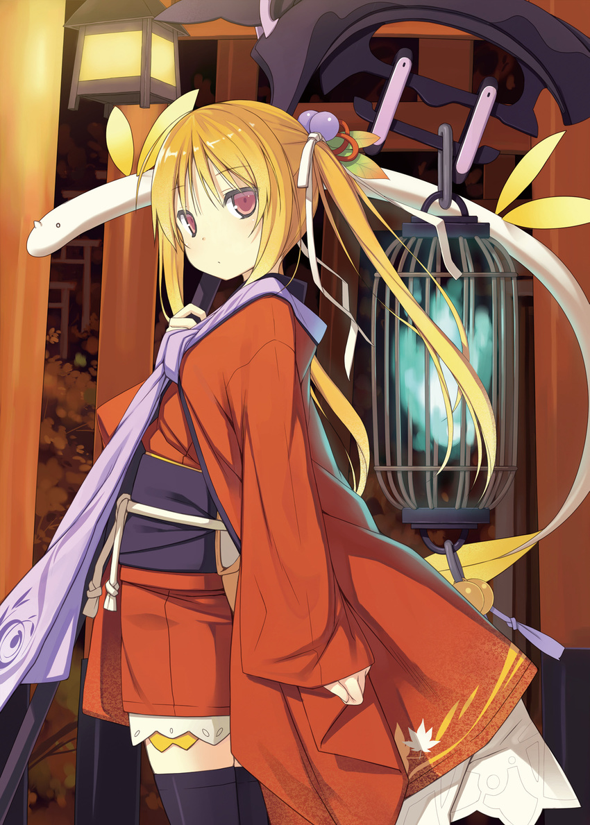 black_thighhighs blonde_hair cage cape creature expressionless female flat_chest hair_bobbles hair_ornament highres japanese_clothes kimono lantern light momiji_(poko) non-web_source orange_kimono original poco_(asahi_age) red_eyes scan short_kimono solo thighhighs twintails wings zettai_ryouiki