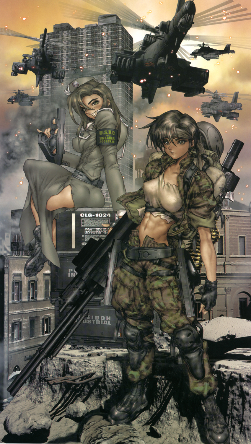 1980s_(style) 1other 2girls abs absurdres aircraft ambiguous_gender ammunition ammunition_belt ammunition_box arm_at_side arm_support armband arrow_(symbol) ass back-to-back backpack bag belt black_armband black_belt black_gloves black_hair blue_eyes boots box breasts building camouflage camouflage_jacket camouflage_pants cargo_pants city combat_boots copyright_request crop_top crossed_legs dark-skinned_female dark_skin dated dust_cloud fatigues fingerless_gloves full_body garrison_cap gloves green_hair green_jacket green_pants grey_headwear grey_jacket grin gun gunship handgun hat headband heavy_machine_gun helicopter helmet highres holding holding_gun holding_weapon jacket knee_pads lips long_hair long_skirt long_sleeves looking_at_viewer machine_gun medium_breasts midriff military_hat military_jacket military_uniform military_vehicle multiple_girls navel open_clothes open_fly open_jacket open_mouth orange_sky outdoors pants parted_lips photoshop_(medium) pilot_helmet retro_artstyle rifle rifle_cartridge shirow_masamune side_slit sitting sitting_on_object skirt sky skyscraper smile smoke sniper_rifle soldier standing tank_top teeth trigger_discipline uniform unzipped weapon