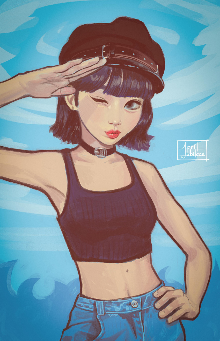 absurdres april_jubilees artist_name black_collar black_hair black_hat black_tank_top blue_pants breasts cloud collar crop_top denim english_commentary female grey_eyes hand_on_own_hip hat highres jeans k-pop kim_chae-won le_sserafim lips looking_to_the_side midriff mole mole_on_stomach navel one_eye_closed pants real_life red_lips salute short_hair sky small_breasts smile solo tank_top