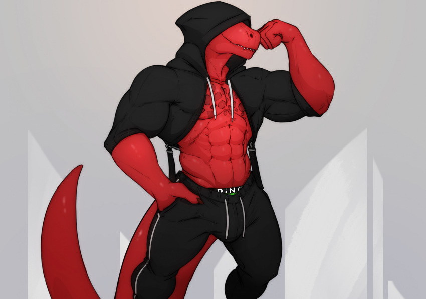 abs anthro clothing dinosaur extinct hi_res hoodie male muscular muscular_anthro muscular_male pecs prehistoric_species red_body red_skin reptile scalie solo tail theropod topwear tyrannosaurid tyrannosauroid tyrannosaurus tyrannosaurus_rex zoma zomacaius