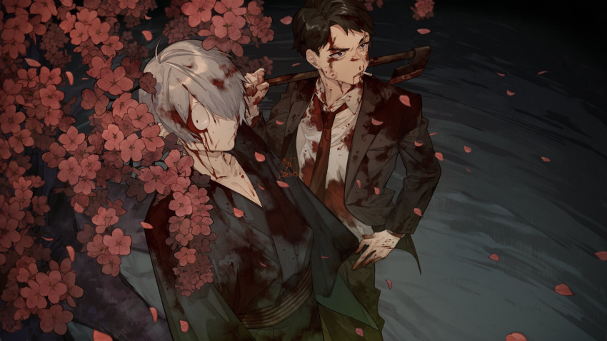 2boys axe black_hair black_jacket black_pants blood blood_on_clothes blood_on_face blue_kimono cigarette closed_mouth collared_shirt flower gegege_no_kitarou grey_hair hand_on_own_hip highres holding holding_axe jacket japanese_clothes kimono kitarou_tanjou:_gegege_no_nazo long_sleeves male_focus medama_oyaji_(human) migato mizuki_(gegege_no_kitarou) mouth_hold multiple_boys necktie pants petals pink_flower red_necktie scar scar_across_eye shirt signature white_shirt