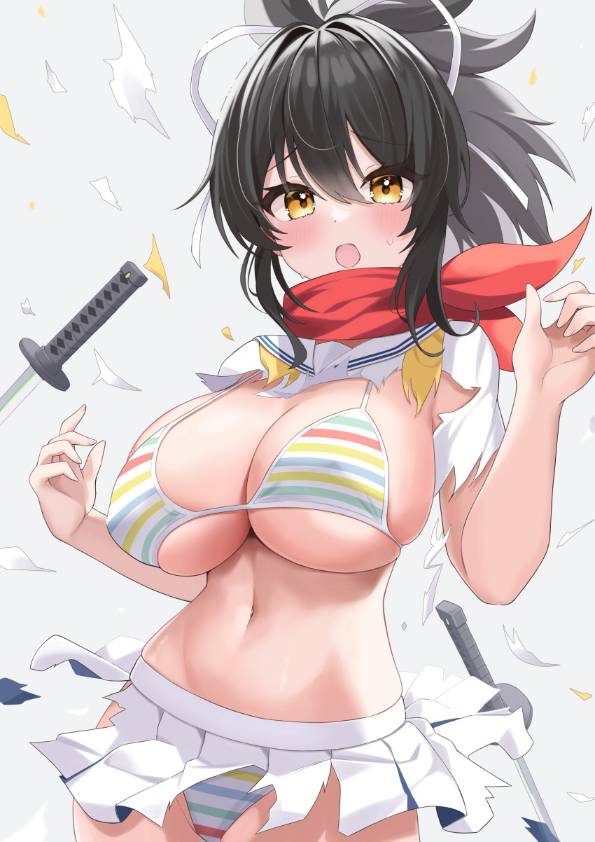 absurdres asuka_(senran_kagura) azur_lane bikini blush breasts commentary_request crossover dual_wielding elegant_(sumisumi4268) embarrassed exploding_clothes female groin hair_ornament hair_ribbon hanzou_academy_uniform highres holding huge_breasts large_breasts linea_alba multicolored_bikini multicolored_clothes multicolored_stripes navel open_mouth ponytail rainbow_bikini red_scarf ribbon scarf senran_kagura senran_kagura_new_link senran_kagura_shoujo-tachi_no_shin'ei shirt short_ponytail sideboob simple_background skirt solo stomach striped_bikini striped_clothes surprised sweater_vest swimsuit sword torn_clothes torn_shirt torn_skirt underboob wardrobe_malfunction weapon white_background white_ribbon yellow_eyes