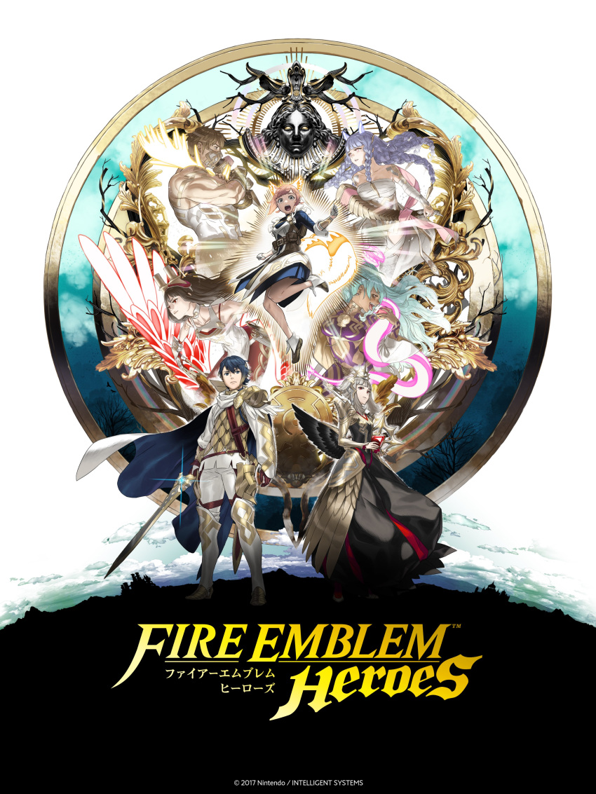 2boys 5girls absurdres alfonse_(fire_emblem) animal_ears antlers black_wings breasts cape character_request dark-skinned_female dark_skin dress eikbyrnir_(fire_emblem) extra_ears fire_emblem fire_emblem_heroes grey_hair heidrun_(fire_emblem) highres horn_(instrument) horns hraesvelgr_(fire_emblem) kozaki_yuusuke multiple_boys multiple_girls muscular muscular_male nidhoggr_(fire_emblem) official_alternate_costume official_alternate_hair_length official_alternate_hairstyle official_art ratatoskr_(fire_emblem) red_eyes short_hair short_hair_with_long_locks small_breasts smile snake squirrel_ears squirrel_girl squirrel_tail tail tiara tongue tongue_out veronica_(fire_emblem) veronica_(princess_rising)_(fire_emblem) wings