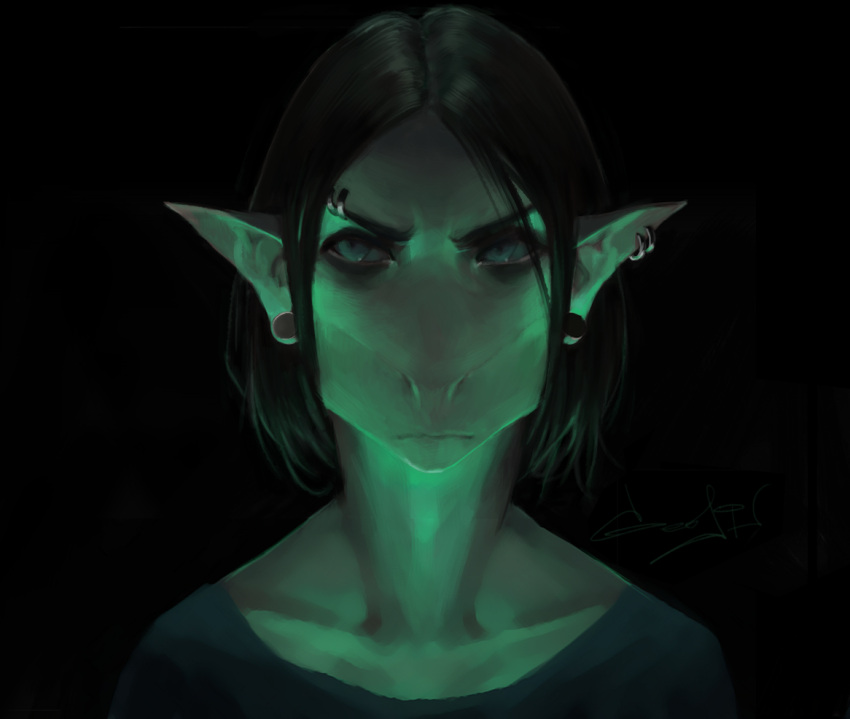 2018 akrolayn alien anthro black_background black_clothing black_hair black_shirt black_topwear bust_portrait clothing digital_media_(artwork) digital_painting_(artwork) ear_piercing eyebrows female front_view geodis_(species) green_lighting hair humanoid light lighting piercing portrait prick_ears realistic_lighting realistic_shading shaded shirt simple_background solo topwear valetta_(akrolayn)