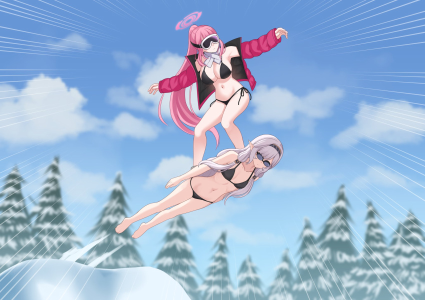 2girls alternate_costume barefoot bikini black_bikini blue_archive blue_sky breasts closed_mouth cloud cloudy_sky commentary eimi_(blue_archive) eimi_(swimsuit)_(blue_archive) flat_chest full_body gintama goggles hair_tubes halo highres himari_(blue_archive) human_board jacket kurisu-kun long_hair multiple_girls official_alternate_costume open_clothes open_jacket outdoors pink_hair pink_halo pink_jacket pointy_ears scene_reference side-tie_bikini_bottom ski_goggles sky snow standing_on_person swimsuit very_long_hair white_hair winter_clothes