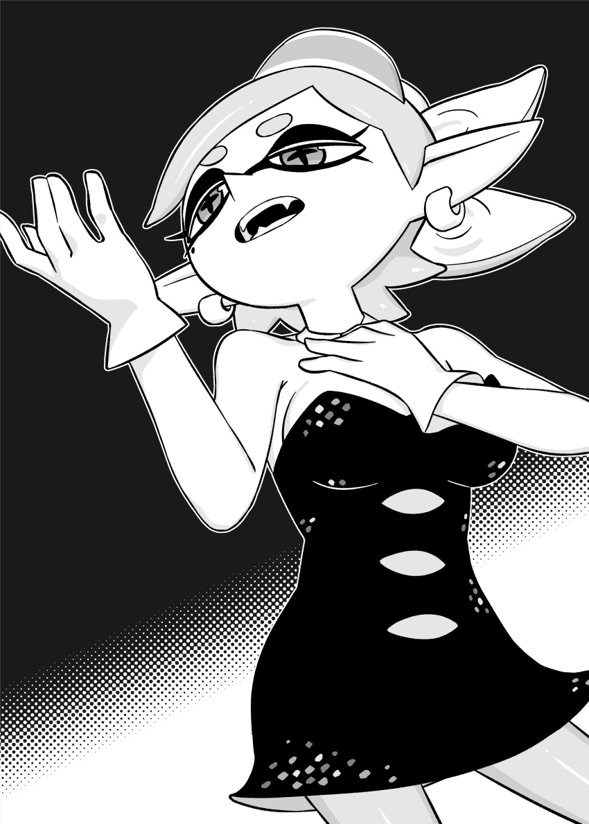 absurdres bow-shaped_hair breasts commentary_request cowboy_shot cross-shaped_pupils dress earrings fangs female gloves greyscale half_updo hand_on_own_chest highres inkling jewelry marie_(splatoon) medium_breasts mole mole_under_eye monochrome o_den open_mouth pointy_ears short_dress solo splatoon_(series) splatoon_1 strapless strapless_dress swept_bangs symbol-shaped_pupils tentacle_hair twintails