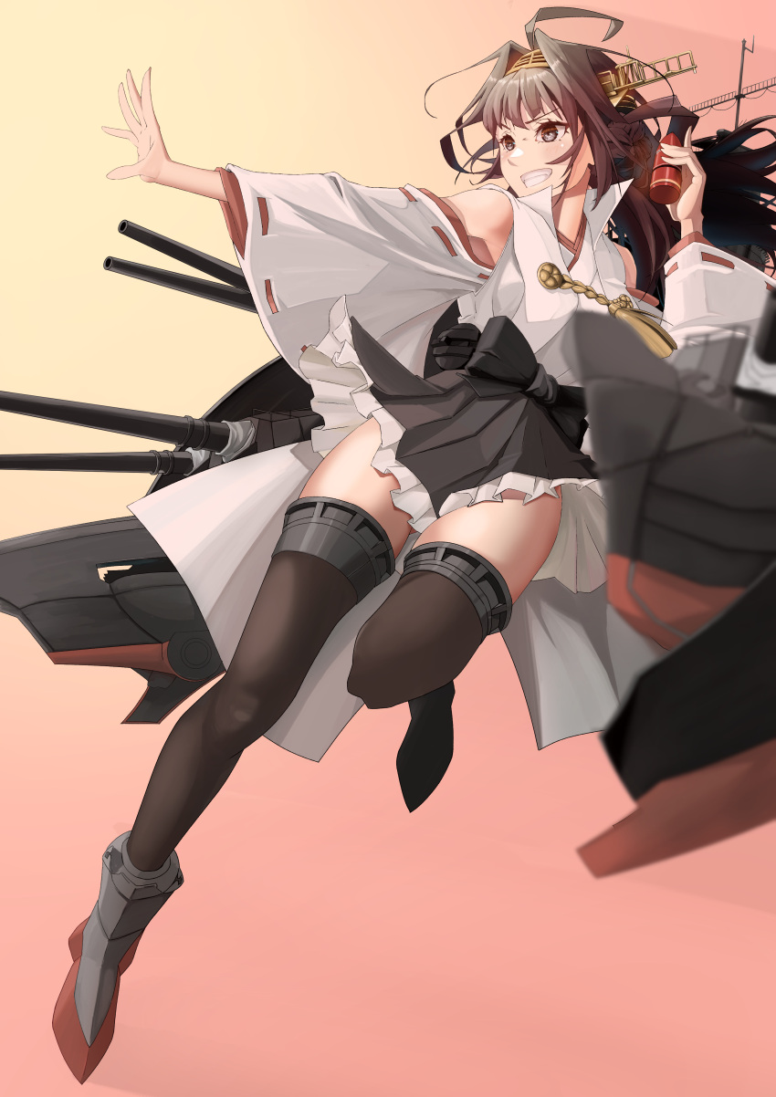 absurdres ass_visible_through_thighs bare_shoulders black_skirt black_thighhighs brown_hair detached_sleeves double_bun echo-kilo female grey_eyes hair_bun headgear highres kantai_collection kongou_(kancolle) kongou_kai_ni_(kancolle) long_hair nontraditional_miko pink_background ribbon-trimmed_sleeves ribbon_trim simple_background skirt solo thighhighs wide_sleeves