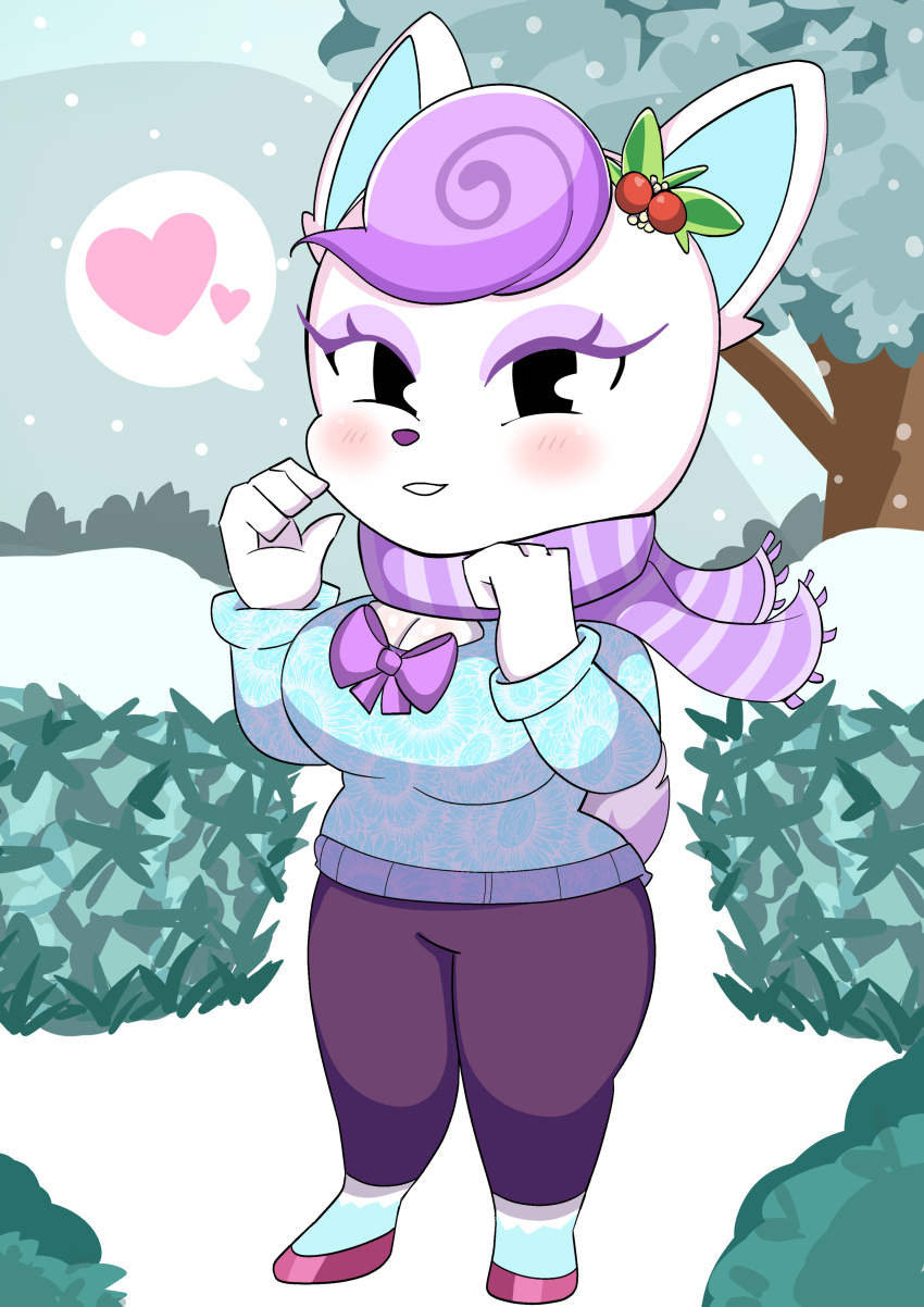 absurd_res animal_crossing anthro blush breasts cleavage cleavage_cutout clothed clothing cutout deer diana_(animal_crossing) female heart_symbol hi_res holly_(plant) hooves looking_at_viewer mammal nintendo onibi plant scarf snow solo wide_hips