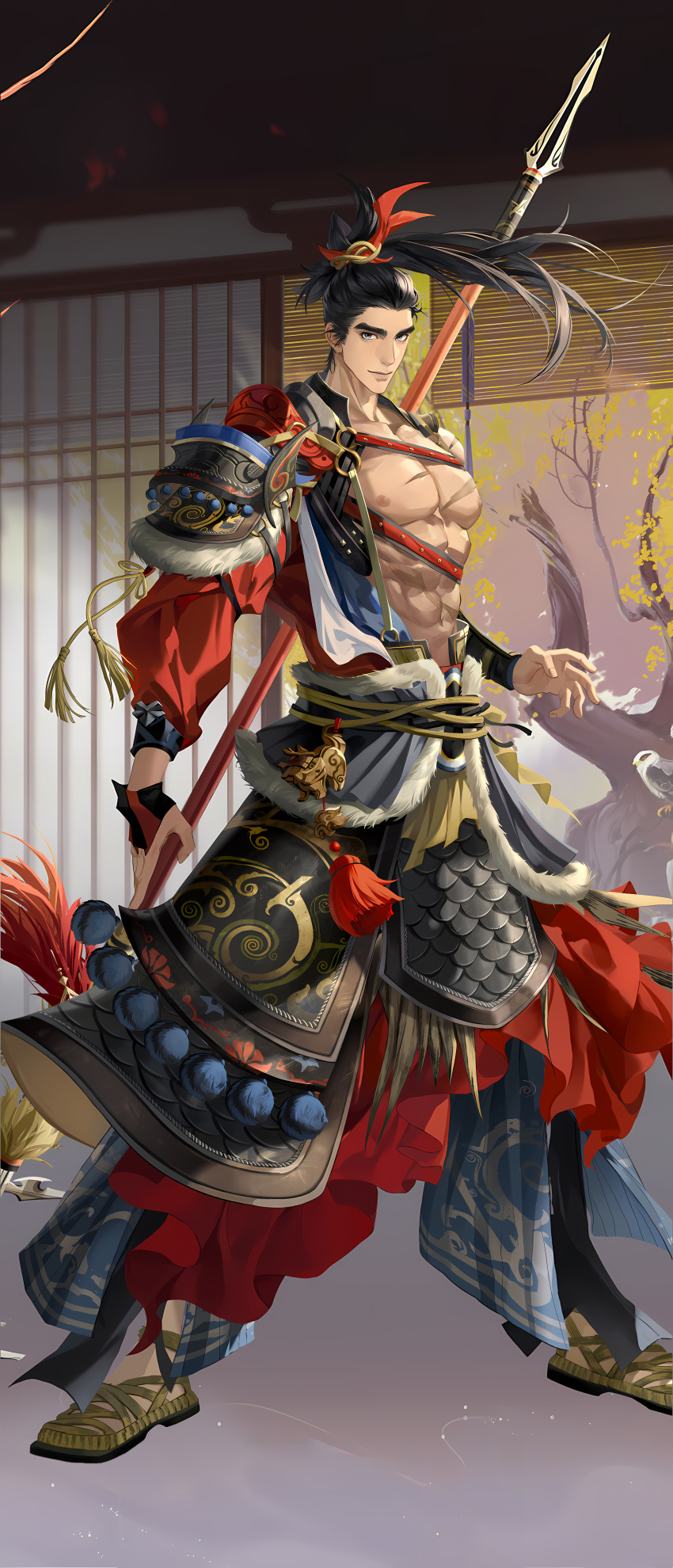 1boy absurdres black_hair chinese_clothes code:_kite full_body hanfu high_ponytail highres holding holding_weapon looking_at_viewer lu_meng_(code:_kite) male_focus official_art solo tassel weapon