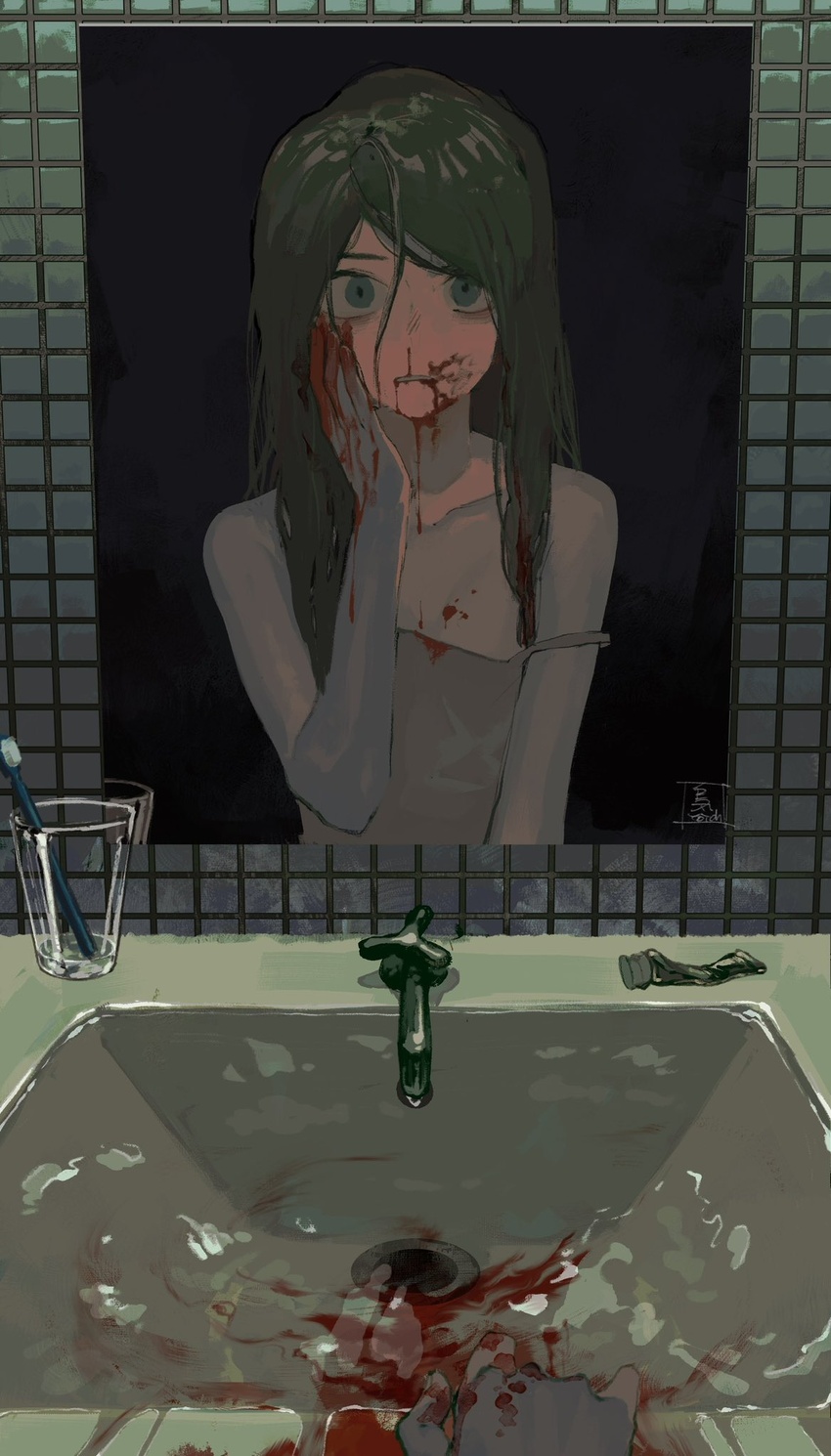 black_hair blood blood_on_clothes blood_on_face blood_on_hands blue_eyes cup female hair_between_eyes hand_on_own_face highres long_hair looking_at_mirror looking_at_viewer migato mirror off_shoulder original signature sink solo tank_top tile_wall tiles toothbrush