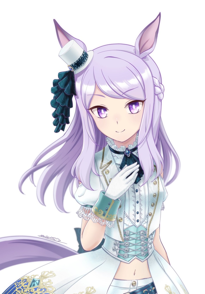 animal_ears arm_at_side as'maria ascot closed_mouth corset cropped_jacket female green_ascot hand_on_own_chest hat highres horse_ears horse_girl horse_tail jacket long_hair mejiro_mcqueen_(end_of_sky)_(umamusume) mejiro_mcqueen_(umamusume) midriff mini_hat mini_top_hat navel open_clothes open_jacket puffy_short_sleeves puffy_sleeves purple_eyes purple_hair shirt short_sleeves sign simple_background smile solo tail top_hat umamusume upper_body white_background white_shirt