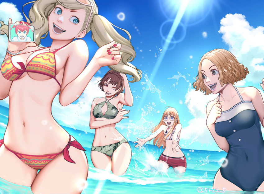 5girls 5tatsu ahoge bare_arms bare_shoulders beach bikini blonde_hair blue_eyes blue_one-piece_swimsuit blunt_bangs braid breasts brown_eyes brown_hair cleavage_cutout closed_mouth clothing_cutout covered_navel crown_braid earrings eyewear_on_head glasses green_bikini grey_eyes halterneck hand_on_own_chest highres holding holding_phone jewelry lens_flare long_hair medium_breasts midriff multiple_girls nail_polish navel niijima_makoto ocean okumura_haru one-piece_swimsuit one_eye_closed open_mouth orange_hair outdoors outstretched_arms parted_bangs persona persona_5 persona_5_scramble:_the_phantom_strikers phone print_bikini red_hair red_nails sakura_futaba short_hair short_twintails side-tie_bikini_bottom sideboob small_breasts smile sophia_(p5s) splashing straight_hair sunlight swept_bangs swimsuit takamaki_anne thigh_gap twintails underboob w_arms wading wavy_hair