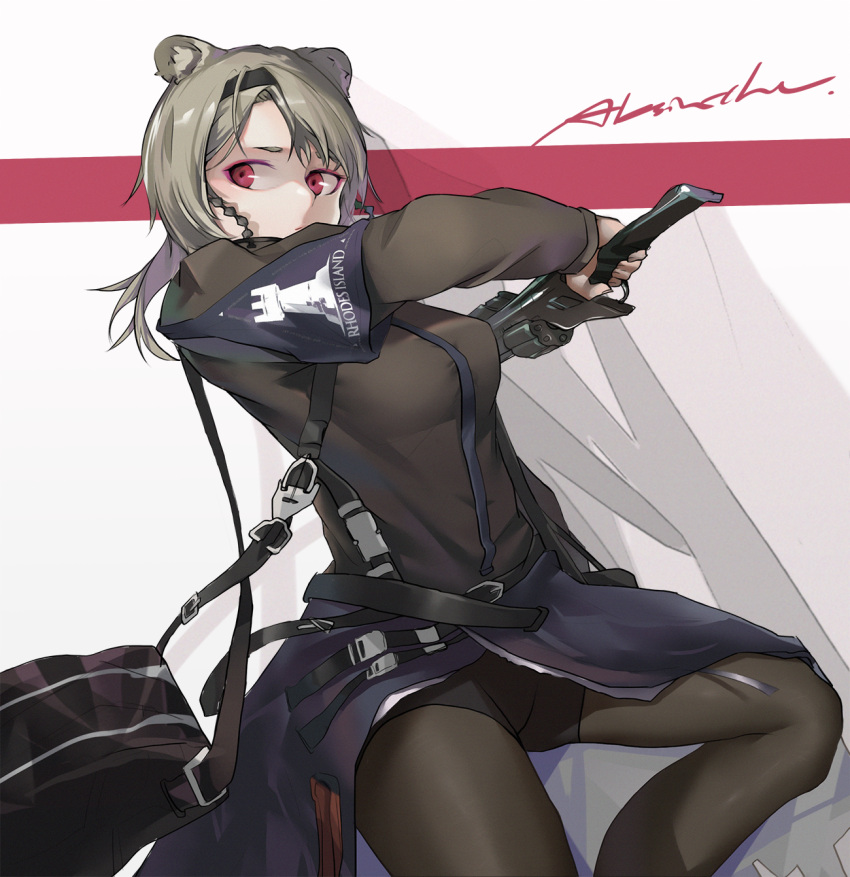 absinthe_(arknights) animal_ears arknights bag bear_ears bear_girl bike_shorts_under_skirt black_hairband black_pantyhose black_shirt breasts brown_hair character_name female grey_hair gunblade hairband highres holding holding_weapon long_hair long_sleeves macreeeeee messenger_bag pantyhose red_eyes rhodes_island_logo_(arknights) shirt shoulder_bag solo weapon