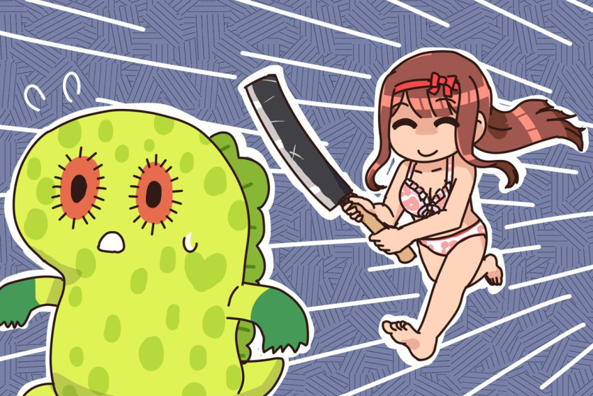 1other barefoot bikini blue_background brown_hair chasing chupacabra_(idolmaster) closed_eyes commentary female flying_sweatdrops hairband holding holding_weapon idolmaster idolmaster_million_live! long_hair mascot pink_bikini print_bikini red_hairband running scared sidelocks smile speed_lines sweat swimsuit sword tanaka_kotoha weapon yashiroku