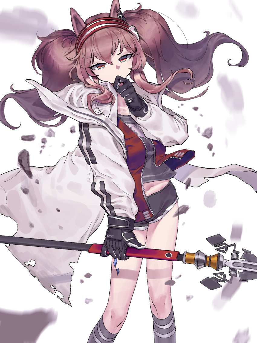 angelina_(arknights) animal_ears arknights black_gloves brown_hair coat contrapposto covered_mouth covering_own_mouth cowboy_shot debris expressionless female finger_to_mouth fox_ears fox_girl gloves grey_shirt grey_shorts grey_socks hair_between_eyes hairband hand_over_own_mouth hand_up highres holding holding_weapon jacket kneehighs long_hair long_sleeves looking_at_viewer material_growth motion_blur open_clothes open_coat open_jacket orange_eyes oripathy_lesion_(arknights) red_hairband red_jacket shirt shorts sidelocks siguya socks solo standing thinking torn_clothes torn_coat twintails unzipped weapon white_background white_coat