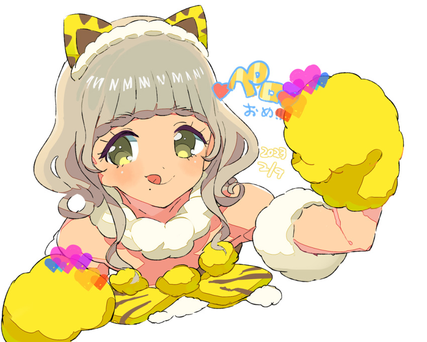 animal_ears animal_hands animal_print bare_shoulders brown_hair cat_ears commentary_request cropped_torso curly_hair fake_animal_ears female fur_collar gloves hairband hand_up heart idol_clothes looking_at_viewer moudoku_(decopon3rd) paw_gloves pretty_series pripara short_hair simple_background smile solo taiyo_pepper tiger_print tongue tongue_out translation_request upper_body white_background yellow_eyes yellow_hairband