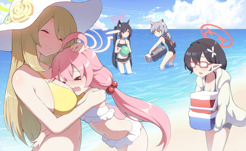 >_< 5girls absurdres ahoge animal_ears ayane_(blue_archive) ayane_(swimsuit)_(blue_archive) ball beach beachball bikini black_hair blonde_hair blue_archive blue_sky breast_smother breasts cat_ears closed_eyes closed_mouth cloud commentary day english_commentary face_to_breasts foreclosure_task_force_(blue_archive) glasses hair_bobbles hair_ornament halo hand_on_another's_head hat highres holding holding_ball horizon hoshino_(blue_archive) hoshino_(swimsuit)_(blue_archive) hug large_breasts long_hair multiple_girls nonomi_(blue_archive) nonomi_(swimsuit)_(blue_archive) ocean oerba_yun_fang official_alternate_costume opaque_glasses outdoors pink_hair pointy_ears qkracho_(thesdroz) serika_(blue_archive) serika_(swimsuit)_(blue_archive) shiroko_(blue_archive) shiroko_(swimsuit)_(blue_archive) sky smile sun_hat swimsuit wading water white_bikini wolf_ears yellow_bikini