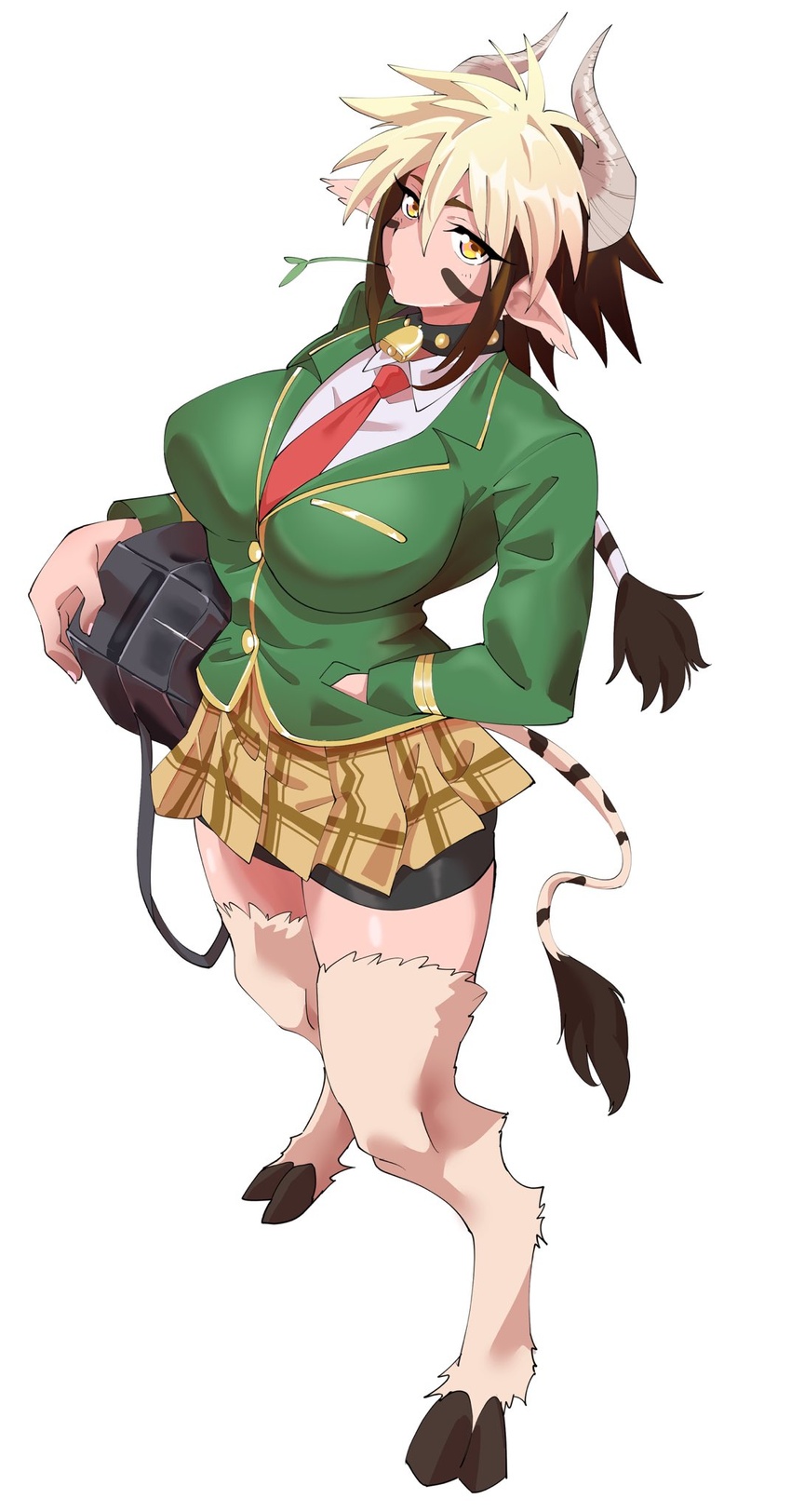 animal_ears animal_legs bag bell bike_shorts bike_shorts_under_skirt blonde_hair breasts brown_eyes brown_hair cathyl collared_shirt commentary_request commission cow_ears cow_girl cow_horns cow_tail cowbell female fugaku_(miko_no_miyatsuguchi) full_body green_jacket hand_in_pocket highres hooves horns huge_breasts jacket looking_at_viewer monster_girl monster_musume_no_iru_nichijou mouth_hold multicolored_hair necktie plaid plaid_skirt pleated_skirt school_bag school_uniform shirt skeb_commission skirt solo stalk_in_mouth tail two-tone_hair white_background