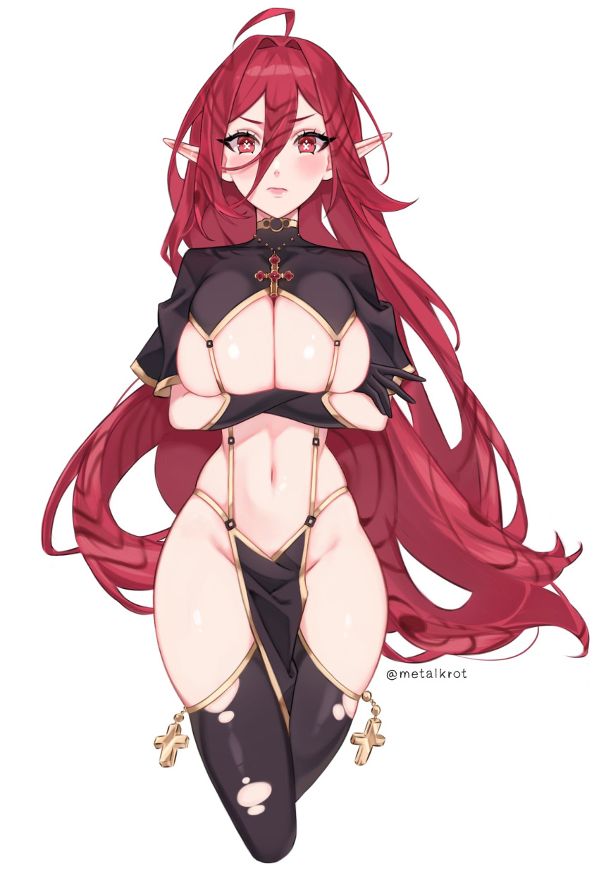 artist_name black_gloves black_thighhighs breasts bright_pupils cleavage commission cowboy_shot cross crossed_arms elf english_commentary female frown gloves groin highres large_breasts long_hair long_pointy_ears looking_at_viewer metalkrot navel original pelvic_curtain pointy_ears red_eyes red_hair shrug_(clothing) simple_background solo symbol-shaped_pupils thighhighs torn_clothes torn_thighhighs very_long_hair white_background white_pupils x-shaped_pupils