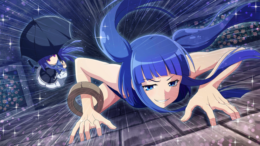 2girls bare_shoulders black_umbrella blue_eyes blue_hair blunt_bangs bow brick brick_wall cat_tail climbing climbing_wall closed_mouth dress duct_tape end_of_the_golden_witch flower frederica_bernkastel frilled_sleeves frills from_above furudo_erika grin highres higurashi_no_naku_koro_ni_mei holding holding_umbrella long_hair long_sleeves looking_at_another looking_at_viewer multiple_girls night official_art outdoors plant purple_eyes rain ribbon rose school_swimsuit smile standing swimsuit tail twintails umbrella umineko_no_naku_koro_ni wall