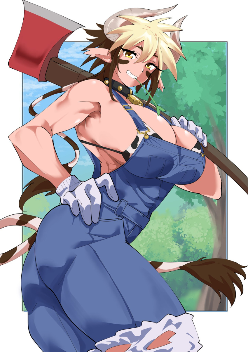 animal_ears animal_print axe bell bikini bikini_under_clothes blonde_hair breasts brown_eyes brown_hair cathyl collar commentary_request commission cow_ears cow_girl cow_horns cow_print cow_print_bikini cow_tail cowbell cowboy_shot female fugaku_(miko_no_miyatsuguchi) gloves hand_on_own_hip highres holding holding_axe horns huge_breasts looking_at_viewer monster_girl monster_musume_no_iru_nichijou mouth_hold multicolored_hair muscular muscular_female outdoors outside_border overalls ponytail print_bikini skeb_commission smile solo stalk_in_mouth swimsuit tail torn_clothes torn_overalls tree two-tone_hair white_gloves work_gloves