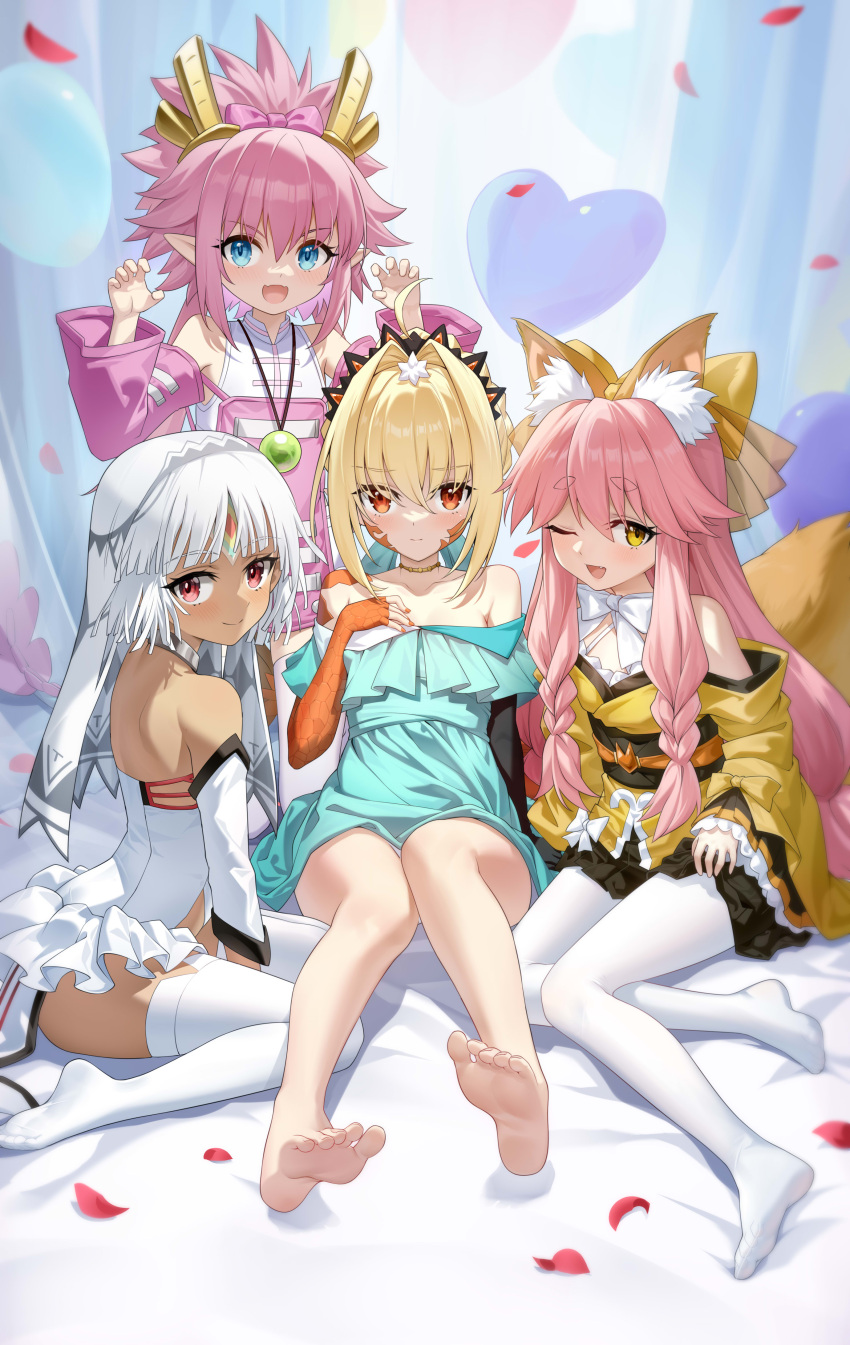 4girls absurdres ahoge altera_(fate) altera_larva_(fate) animal_ear_fluff animal_ears apron aqua_dress aqua_ribbon bare_shoulders barefoot black_gloves black_skirt blonde_hair blue_eyes body_markings bow braid braided_bun breasts choker dark-skinned_female dark_skin detached_sleeves dragon_girl dragon_horns dragon_tail dress elbow_gloves elizabeth_bathory_(fate) facial_mark fate/extella fate/extella_link fate/extra fate/grand_order fate/samurai_remnant fate_(series) feet fox_ears fox_girl fox_tail gloves hair_between_eyes hair_bun hair_intakes hair_ribbon hairbow high_ponytail highres horns japanese_clothes jewelry kimono kumonryuu_eliza_(fate) legs long_hair looking_at_viewer multiple_girls necklace nero_claudius_(fate) no_shoes obi off_shoulder one_eye_closed open_mouth petals pink_apron pink_bow pink_hair pink_sleeves pointy_ears queen_draco_(event_portrait)_(fate) queen_draco_(fate) red_eyes ribbon sash scales shenqi_xiao_hong_zai_nali shirt short_hair sidelocks single_glove sitting skirt sleeveless sleeveless_shirt small_breasts smile soles tail tamamo_(fate) tamamo_aria_(fate) thighhighs tiara toenails toes twintails veil wariza white_dress white_hair white_shirt white_thighhighs wide_sleeves yellow_bow yellow_eyes yellow_kimono