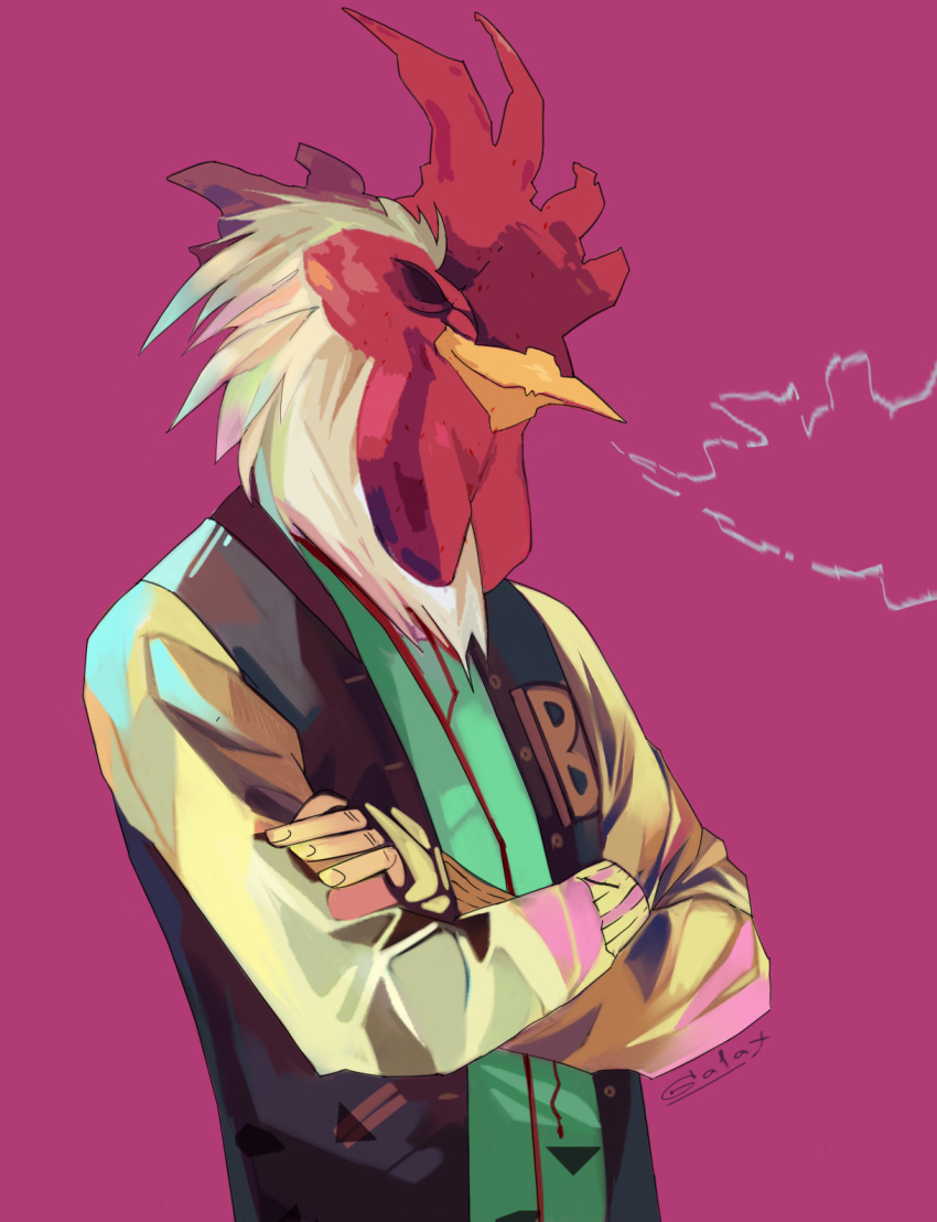 2016 akrolayn avian beak bird chicken clothing digital_media_(artwork) feathers galliform gallus_(genus) half-length_portrait hi_res hotline_miami humanoid_hands jacket letterman_jacket light lighting magenta_background male phasianid portrait shaded signature smile solo tan_body tan_feathers three-quarter_view topwear yellow_beak