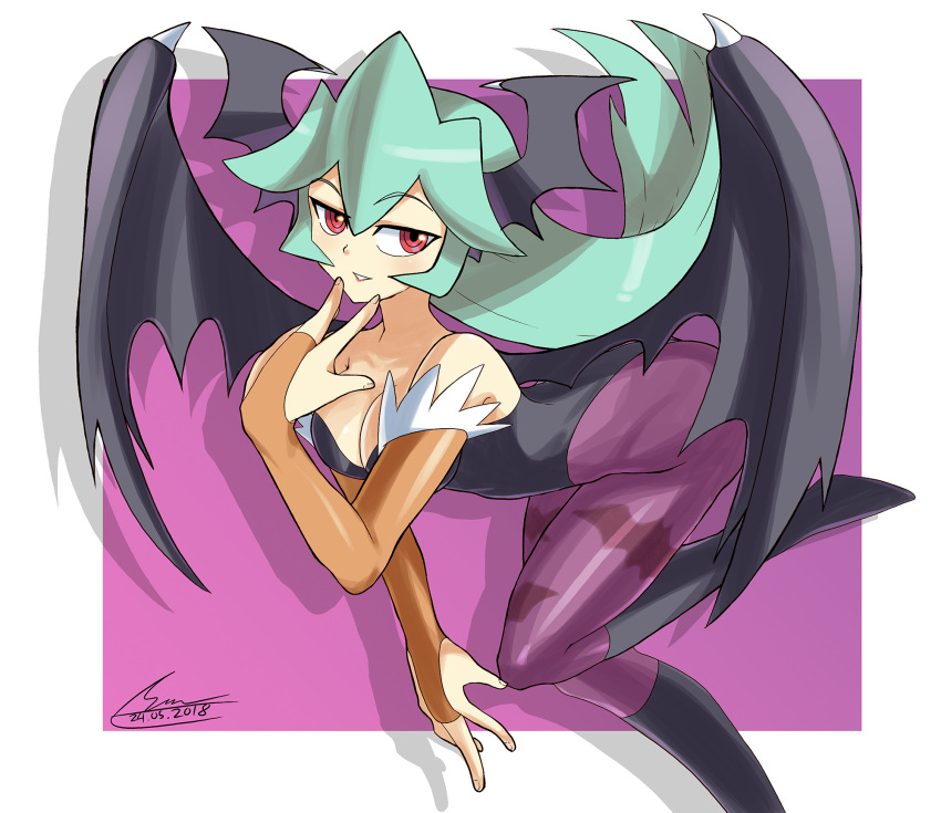 animal_print arched_back bare_shoulders bat_print bat_wings blush breasts bridal_gauntlets cleavage company_connection cosplay crossover dated demon_girl elbow_gloves female fingerless_gloves flying gloves green_hair head_wings highres leg_up leotard long_hair looking_at_viewer looking_to_the_side mega_man_(series) mega_man_zx mega_man_zx_advent morrigan_aensland morrigan_aensland_(cosplay) no_headwear pandora_(mega_man) pantyhose red_eyes shoutaro_saito sidelocks signature smile solo vampire_(game) wings