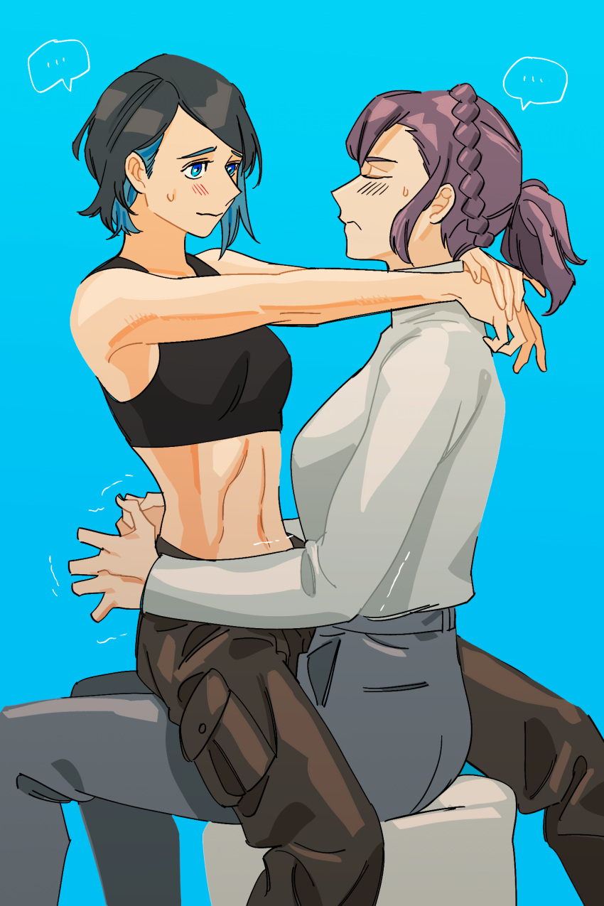 ... 2girls abs arms_around_neck bare_arms black_hair black_pants black_sports_bra blue_background blue_eyes blue_hair blush braid closed_eyes closed_mouth commentary_request french_braid grey_pants gundam gundam_suisei_no_majo highres korean_commentary long_sleeves multicolored_hair multiple_girls nika_nanaura pants ponytail purple_hair sabina_fardin shirt short_hair sitting sitting_on_lap sitting_on_person snapagi speech_bubble spoken_ellipsis sports_bra sweatdrop trembling two-tone_hair white_shirt yuri