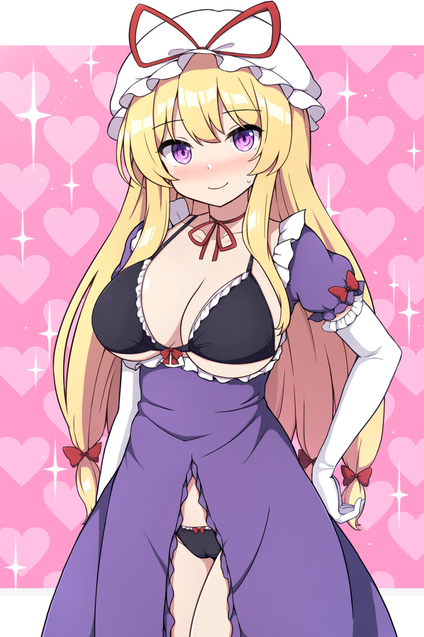 adapted_costume black_bra black_panties blonde_hair blush bra breasts cameltoe cleavage closed_mouth collarbone cowboy_shot dress elbow_gloves female frilled_dress frills gloves hat hat_ribbon highres large_breasts long_hair looking_at_viewer mob_cap panties purple_dress purple_eyes red_ribbon revealing_clothes ribbon rizento short_sleeves solo touhou underwear white_gloves white_hat yakumo_yukari