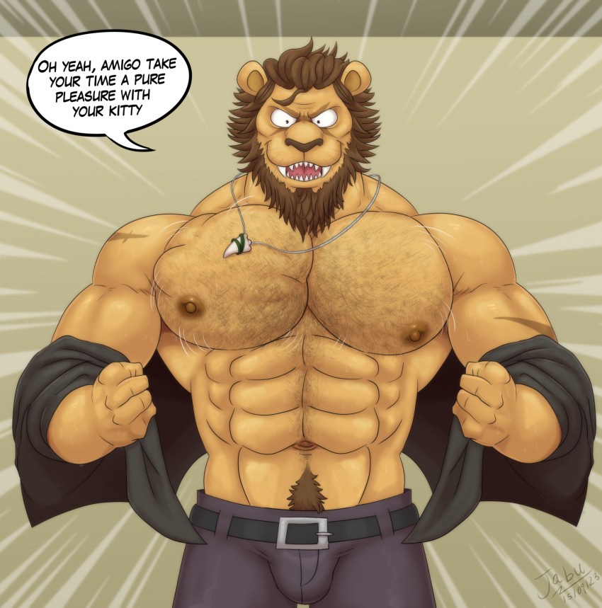 abs anthro beastars belt biceps body_hair bouncing_pecs brown_body brown_fur chest_hair clothed clothing collar dialogue dolph_(beastars) english_text facial_scar felid feline fur grey_clothing hi_res jabuhusky jewelry licking licking_lips lion male mammal mane muscular muscular_anthro muscular_male necklace nipples pantherine pecs scar shirt simple_background solo speech_bubble text tongue tongue_out tooth_necklace topwear