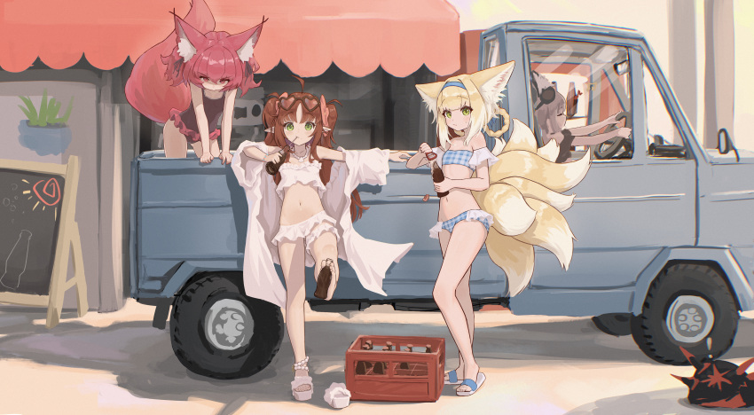 4girls absurdres animal_ear_fluff animal_ears arknights bikini black_one-piece_swimsuit blonde_hair bottle braid brown_hair casual_one-piece_swimsuit chack520 chinese_commentary commentary_request drinking drinking_straw eyewear_on_head fox_ears fox_girl fox_tail green_eyes hair_rings hairband highres holding_with_feet leaning_forward leaning_on_object leg_up legs long_hair looking_at_viewer motor_vehicle multiple_girls multiple_tails myrtle_(arknights) one-piece_swimsuit open_clothes open_shirt originium_slug_(arknights) outdoors pickup_truck plaid plaid_bikini pointy_ears red_eyes red_hair ribbon sandals shamare_(arknights) shirt soda_bottle sunglasses sussurro_(arknights) suzuran_(arknights) swimsuit tail thighs truck twintails white_bikini white_shirt