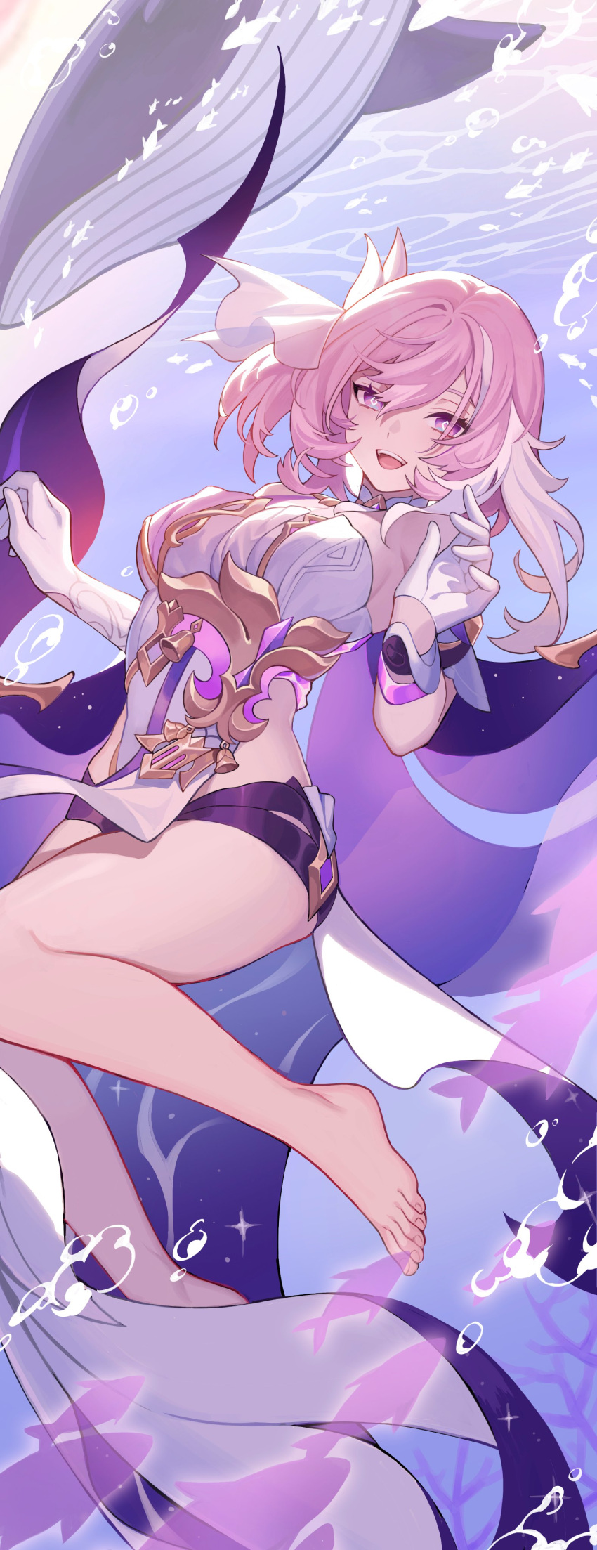 absurdres air_bubble bare_legs barefoot breasts bubble diamond-shaped_pupils diamond_(shape) elysia_(herrscher_of_human:_ego)_(honkai_impact) elysia_(honkai_impact) feet female gloves hair_ornament half_gloves highres honkai_(series) honkai_impact_3rd large_breasts legs long_hair looking_at_viewer multicolored_hair open_mouth pink_hair purple_eyes sidelocks sin_(btc86amme) sleeveless smile solo symbol-shaped_pupils teeth thighs toenails toes underwater upper_teeth_only white_gloves white_hair