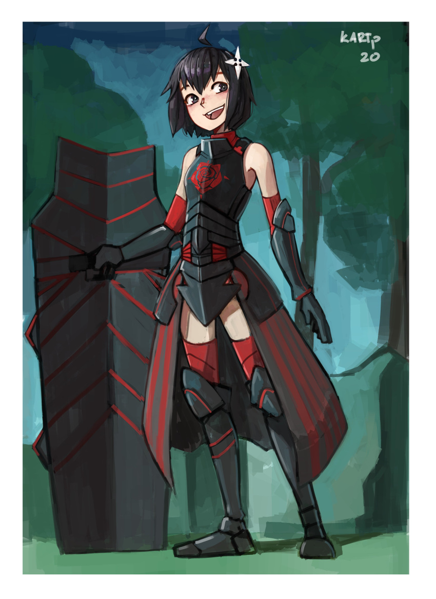 absurdres ahoge armor armored_boots armored_skirt armpits artist_name bare_shoulders black_armor black_eyes black_hair blush bob_cut boots breastplate breasts bright_pupils commentary dated english_commentary female foliage forest full_body gauntlets hair_between_eyes hair_ornament highres holding holding_shield itai_no_wa_iya_nano_de_bougyoryoku_ni_kyokufuri_shitai_to_omoimasu kart_prowler looking_to_the_side maple_(bofuri) nature open_mouth red_sleeves red_thighhighs shield short_hair shuriken_hair_ornament signature small_breasts smile solo standing thighhighs tower_shield tree white_pupils zettai_ryouiki