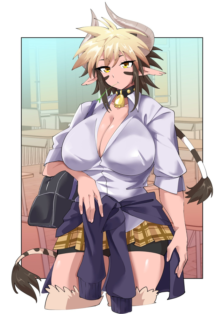 animal_ears bag bell bike_shorts bike_shorts_under_skirt blonde_hair breasts brown_eyes brown_hair cathyl chair classroom cleavage clothes_around_waist collar collared_shirt commentary_request commission cow_ears cow_girl cow_horns cow_tail cowbell cowboy_shot desk female fugaku_(miko_no_miyatsuguchi) highres horns huge_breasts jacket jacket_around_waist long_hair looking_at_viewer monster_girl monster_musume_no_iru_nichijou mouth_hold multicolored_hair outside_border partially_unbuttoned plaid plaid_skirt pleated_skirt ponytail school_bag school_chair school_desk school_uniform shirt short_sleeves skeb_commission skirt solo stalk_in_mouth tail two-tone_hair white_shirt window